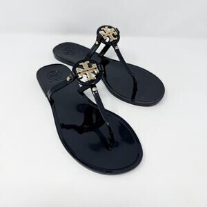 Tory Burch Black Jelly Mini Miller Sandals Size 7 EUC Thong Style T Logo Accent